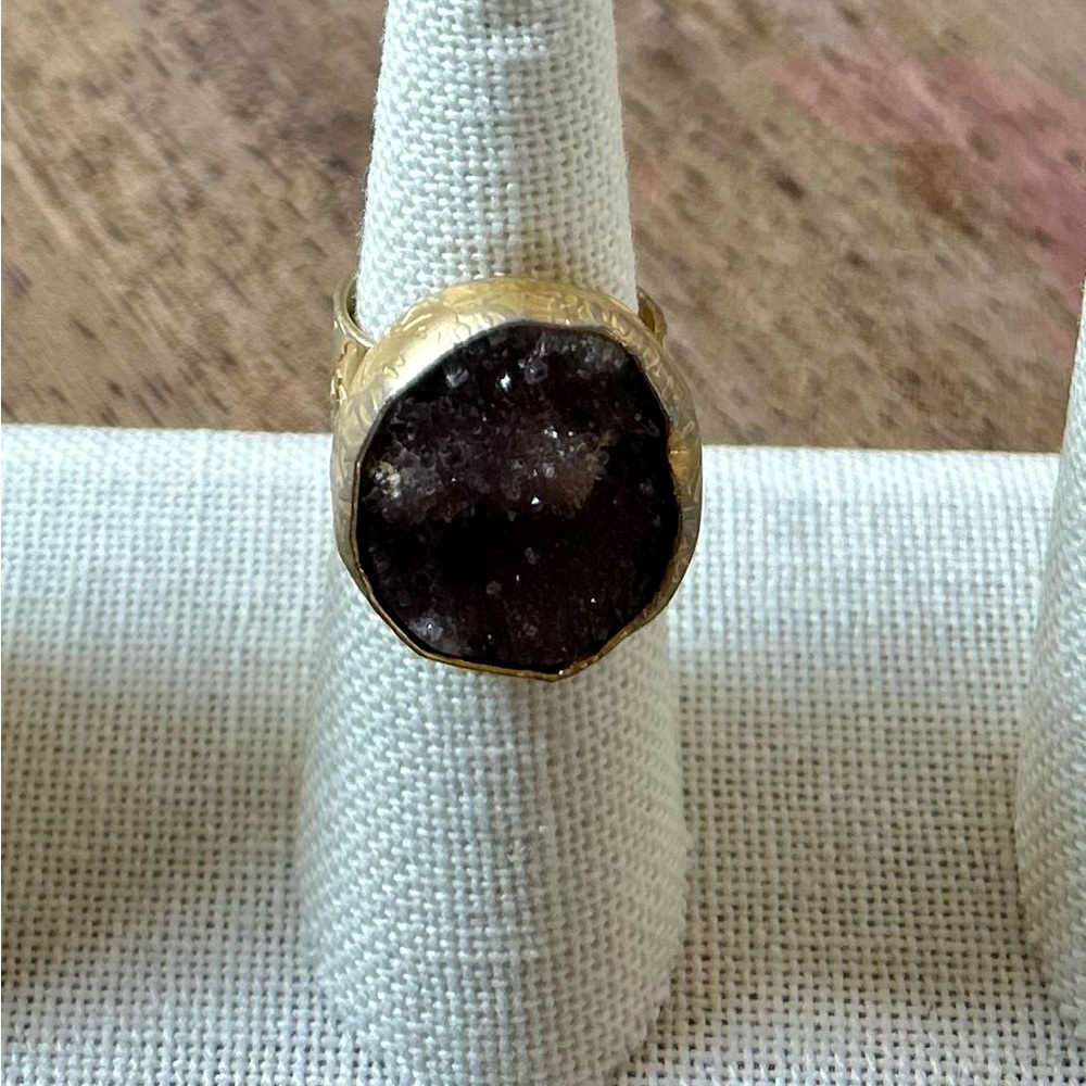 Gold Ring with Dark Brown/Purple Druzy Stone